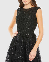Black Sequined Cap Sleeve Fit and Flare Dress